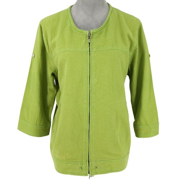 Chicos Jacket 1 Womens Medium 8 Green Full Zip Pockets Roll Tab Sleeve FLAW - Picture 1 of 16